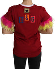 Dolce & Gabbana Red Pig Print Feather Sleeves T-shirt Top
