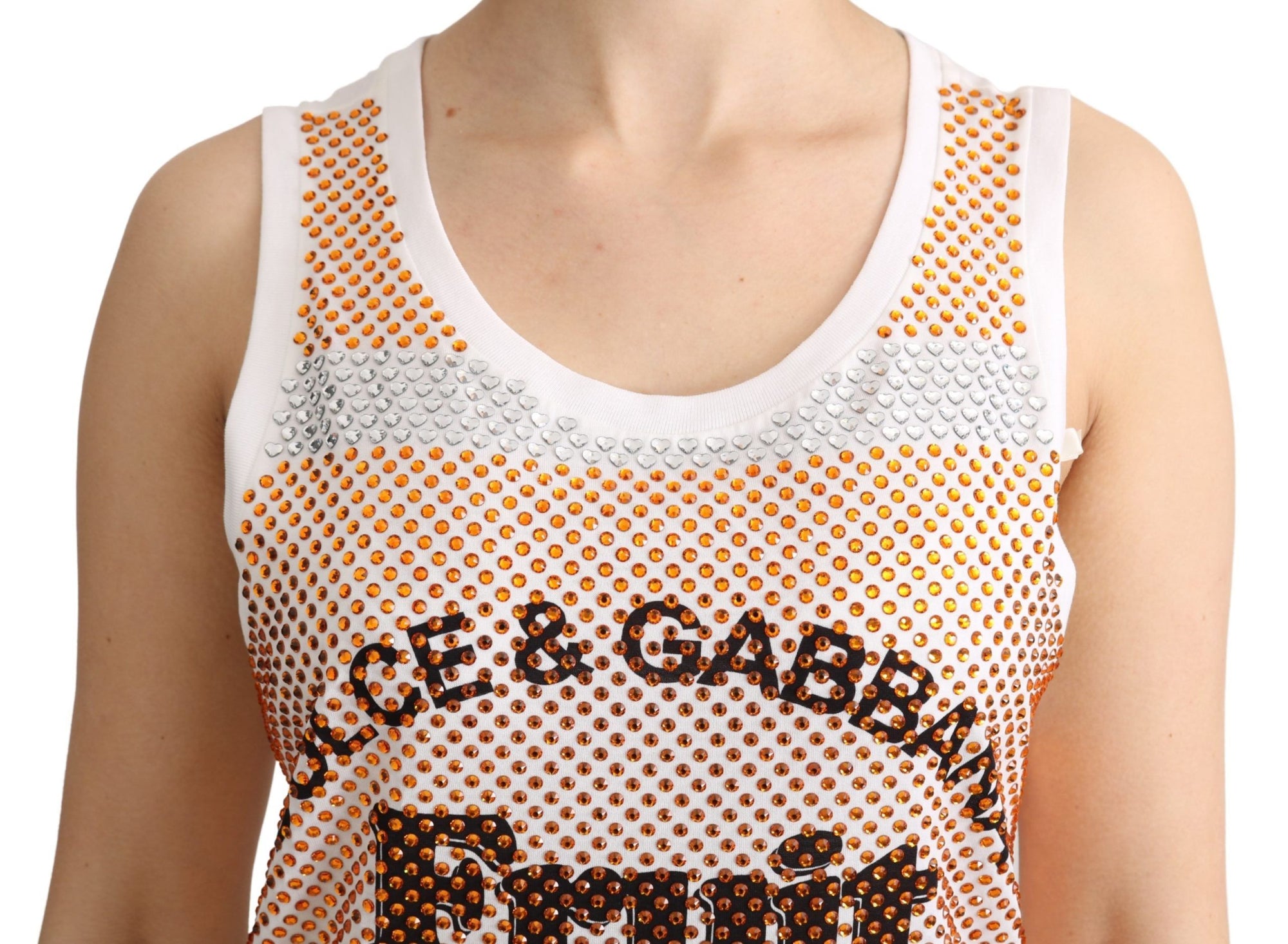 Dolce &amp; Gabbana White Orange Crystal Sleeveless Tank Cotton Top
