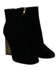 Dolce & Gabbana Black Velvet Crystal Square Heels Shoes