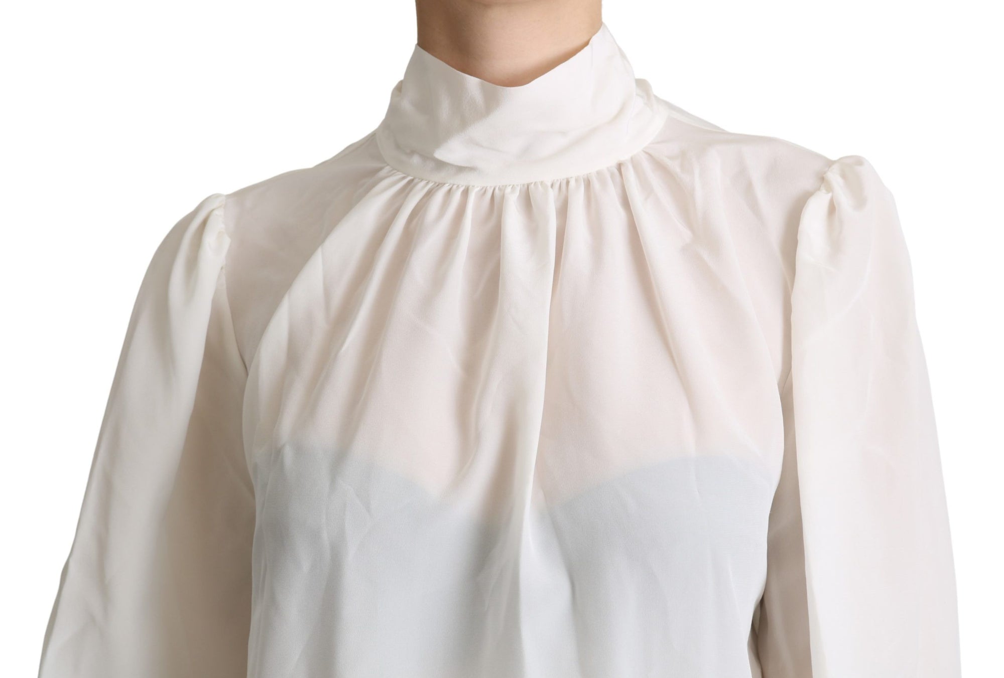 Dolce &amp; Gabbana White Silk Pussy Bow Long Sleeved Top Blouse
