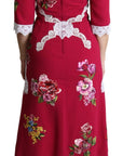 Dolce & Gabbana Red Floral Embroidered Sheath Midi Dress