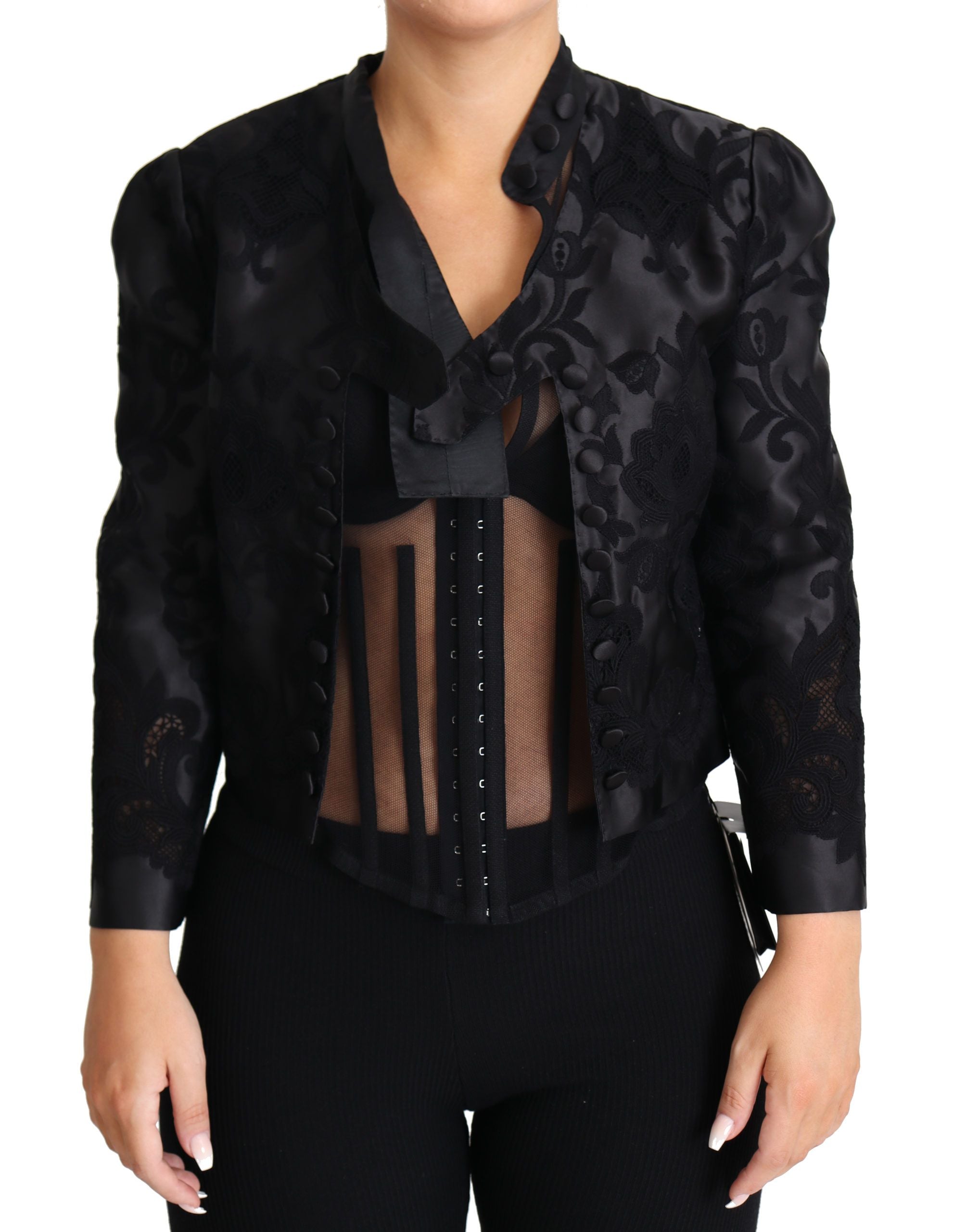 Dolce &amp; Gabbana Black Lace Sheer Corset Organza Silk Jacket