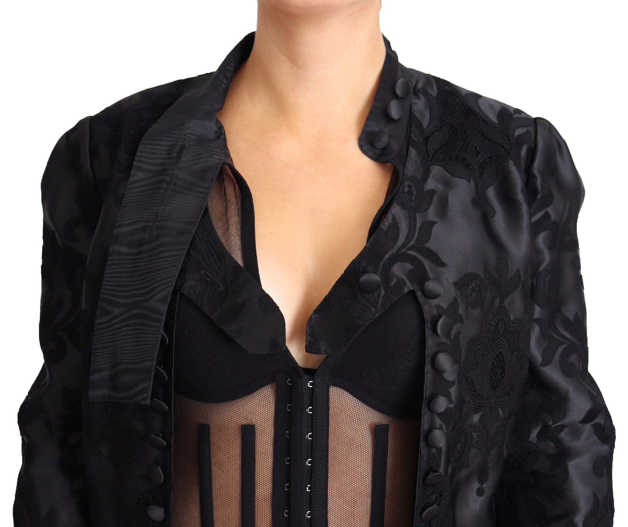 Dolce &amp; Gabbana Black Lace Sheer Corset Organza Silk Jacket