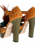 Dolce & Gabbana Orange Leather Crystal Platform Sandal Shoes