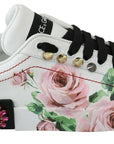 Dolce & Gabbana White Leather Crystal Roses Floral Sneakers Shoes