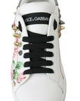 Dolce & Gabbana White Leather Crystal Roses Floral Sneakers Shoes