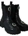 Dolce & Gabbana Black Leather Crystal Combat Boots