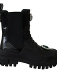 Dolce & Gabbana Black Leather Crystal Combat Boots