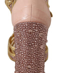 Dolce & Gabbana Pink Gold Leather Crystal Pumps T-strap Shoes