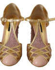 Dolce & Gabbana Pink Gold Leather Crystal Pumps T-strap Shoes