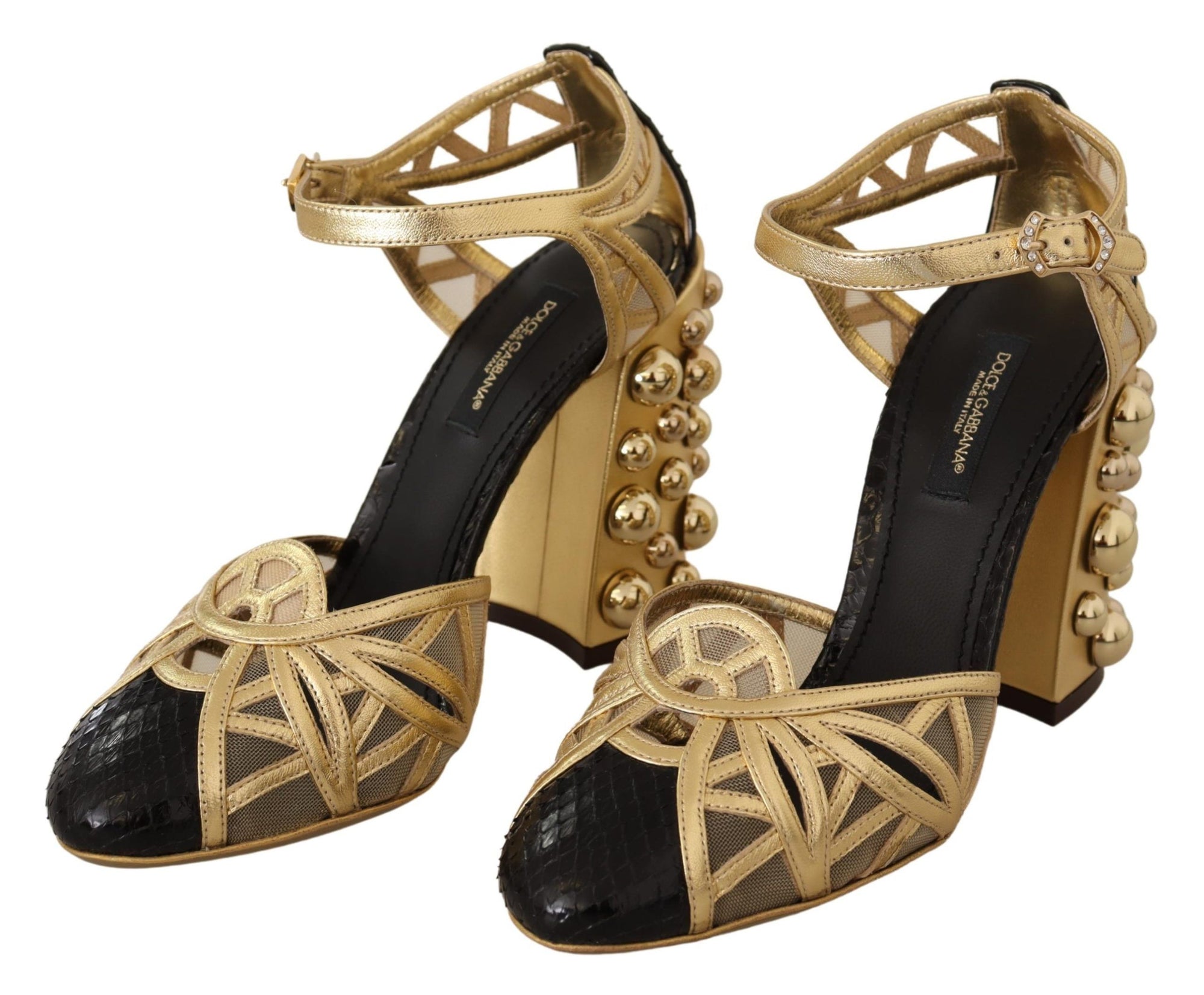 Dolce &amp; Gabbana Black Gold Leather Studded Ankle Straps Shoes