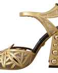 Dolce & Gabbana Black Gold Leather Studded Ankle Straps Shoes