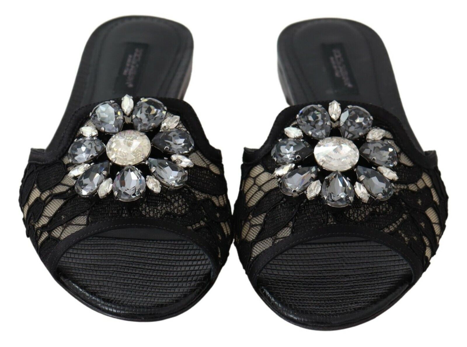 Dolce &amp; Gabbana Black Taormina Lace Slides Crystals Flats Shoes