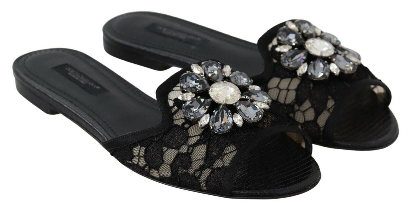 Dolce &amp; Gabbana Black Taormina Lace Slides Crystals Flats Shoes