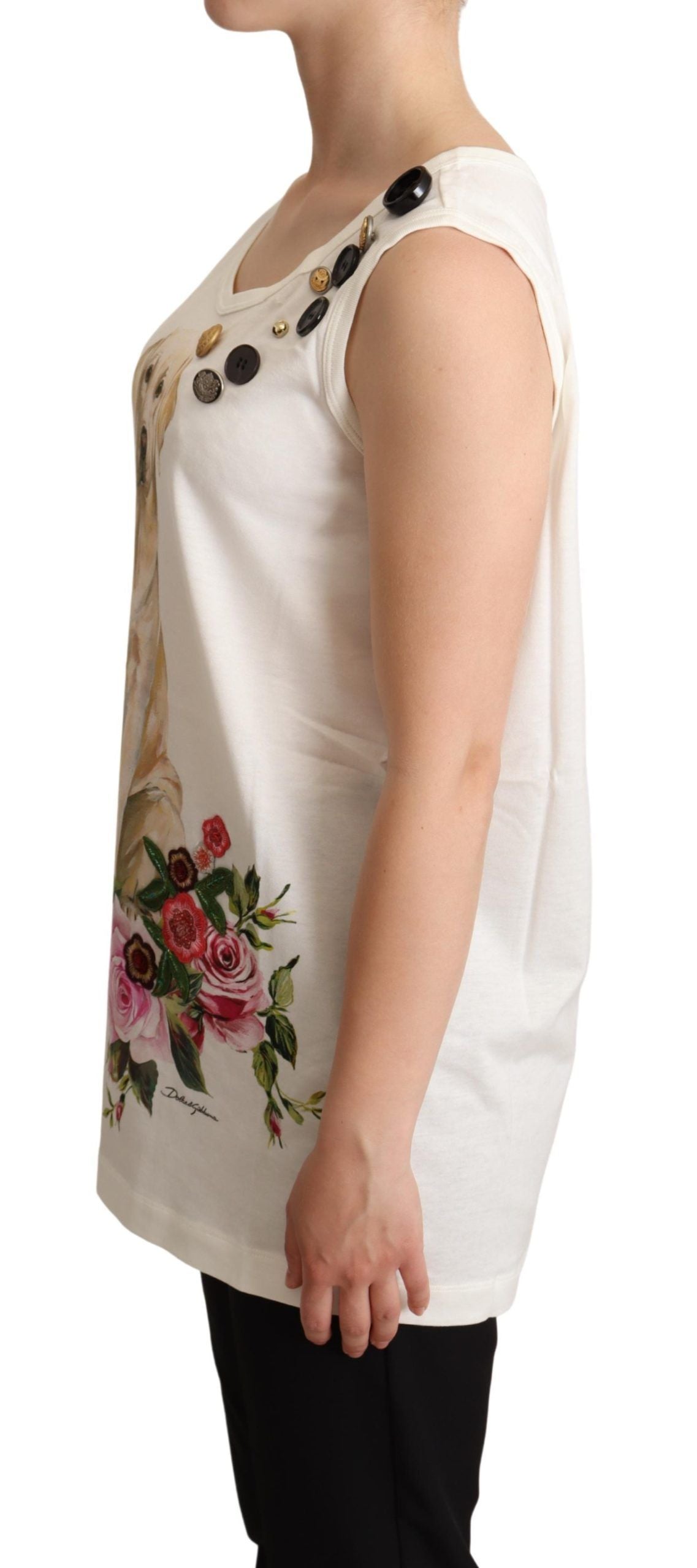 Dolce &amp; Gabbana White Dog Floral Print Embellished  T-shirt