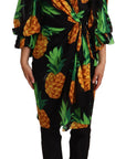 Dolce & Gabbana Black Ananas Print Wrap Stretch Silk Dress