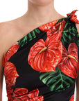 Dolce & Gabbana Black Shiny Silk Floral Print Draped Dress