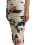 Dolce & Gabbana White Roses Print Stretch Silk Pleated Dress