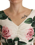 Dolce & Gabbana White Roses Print Stretch Silk Pleated Dress