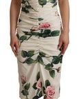 Dolce & Gabbana White Roses Print Stretch Silk Pleated Dress