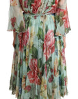 Dolce & Gabbana Green Floral Long Sleeves V-neck Midi Dress