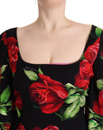 Dolce & Gabbana Black Red Roses Sheath Stretch Silk Dress