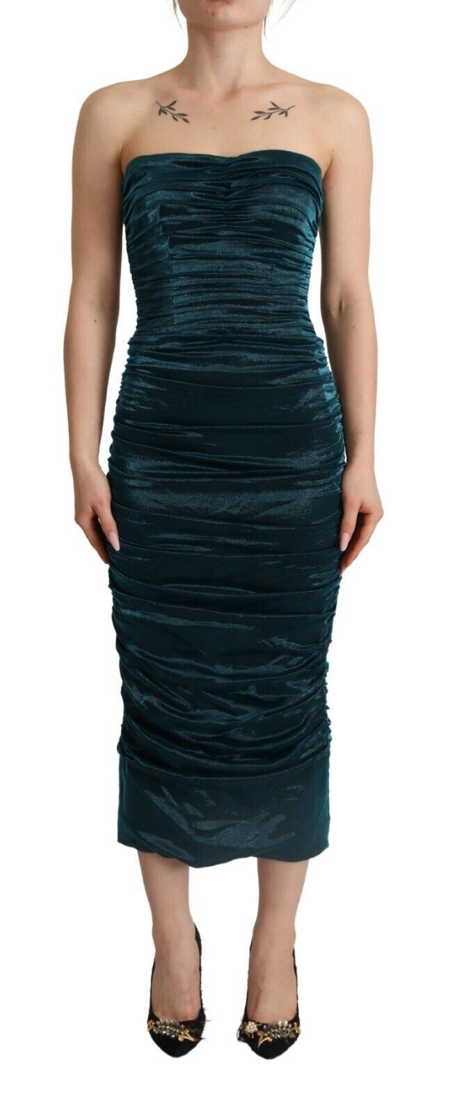 Dolce &amp; Gabbana Turquoise Bustier Bodice Draped Midi Dress