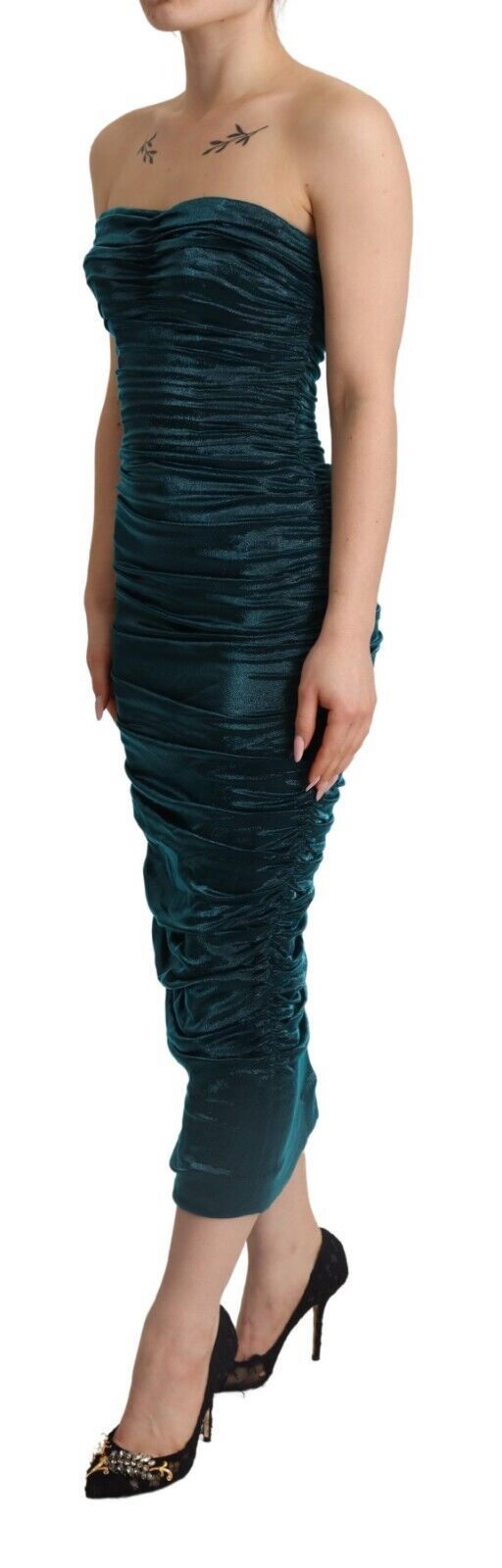 Dolce &amp; Gabbana Turquoise Bustier Bodice Draped Midi Dress