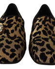Dolce & Gabbana Gold Leopard Print Crystals Loafers Shoes