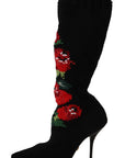 Dolce & Gabbana Black Stretch Socks Red Roses Booties Shoes