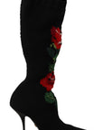 Dolce & Gabbana Black Stretch Socks Red Roses Booties Shoes