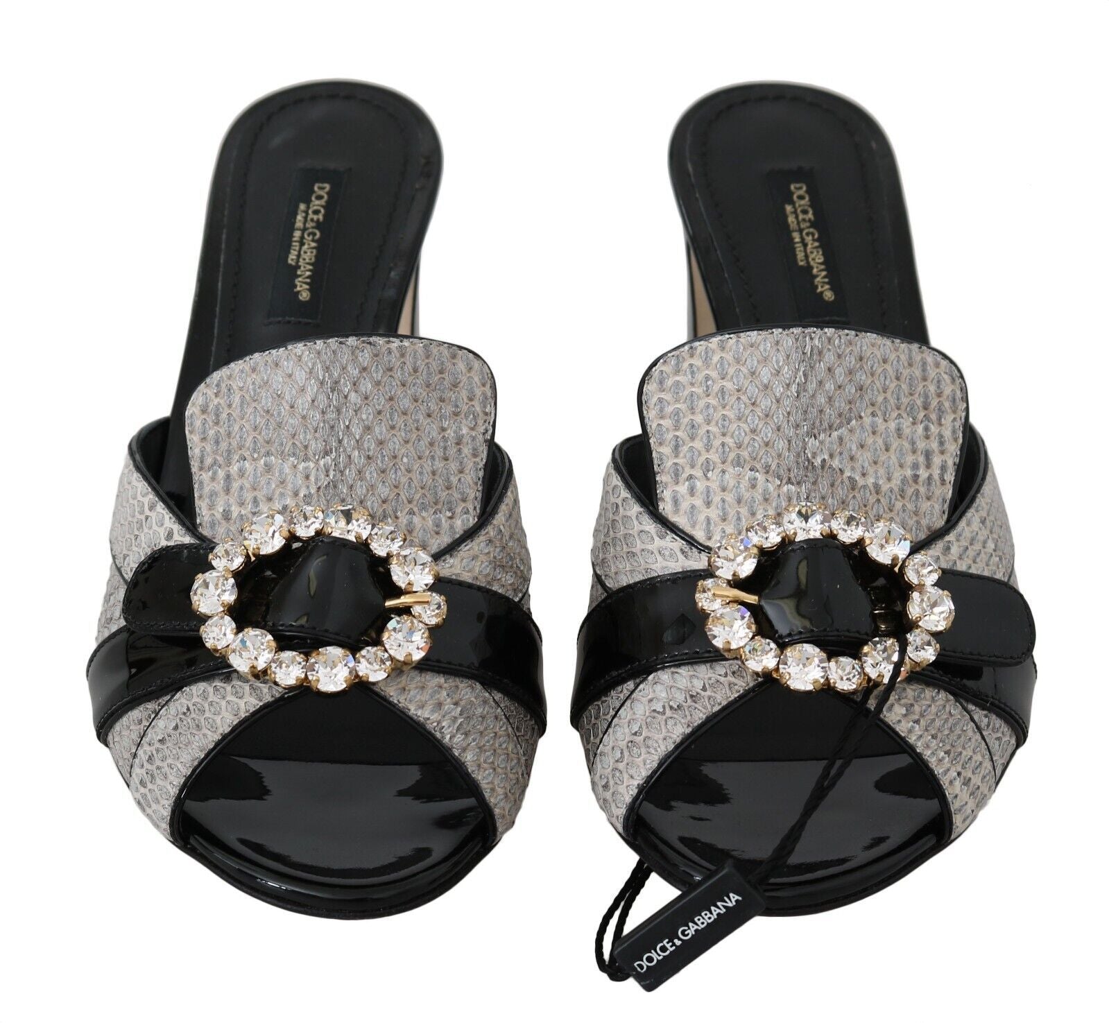 Dolce &amp; Gabbana Black Gray Exotic Leather Crystals Sandals Shoes