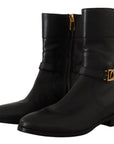 Dolce & Gabbana Black Leather Flats Logo Short Boots Shoes