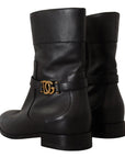 Dolce & Gabbana Black Leather Flats Logo Short Boots Shoes