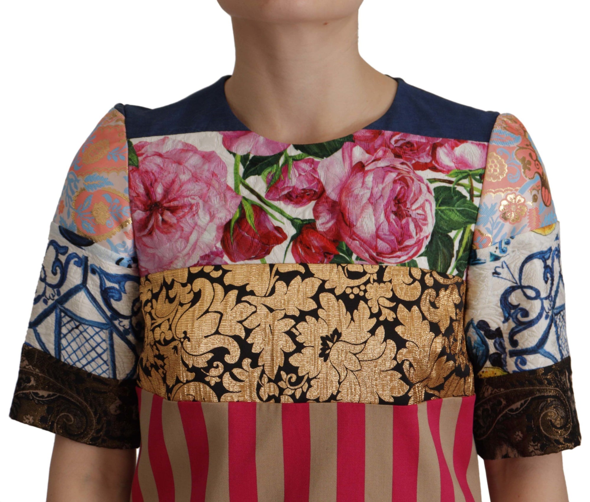 Dolce &amp; Gabbana Multicolor Pachwork Floral Sheath Jaquard Mini Gown Dress