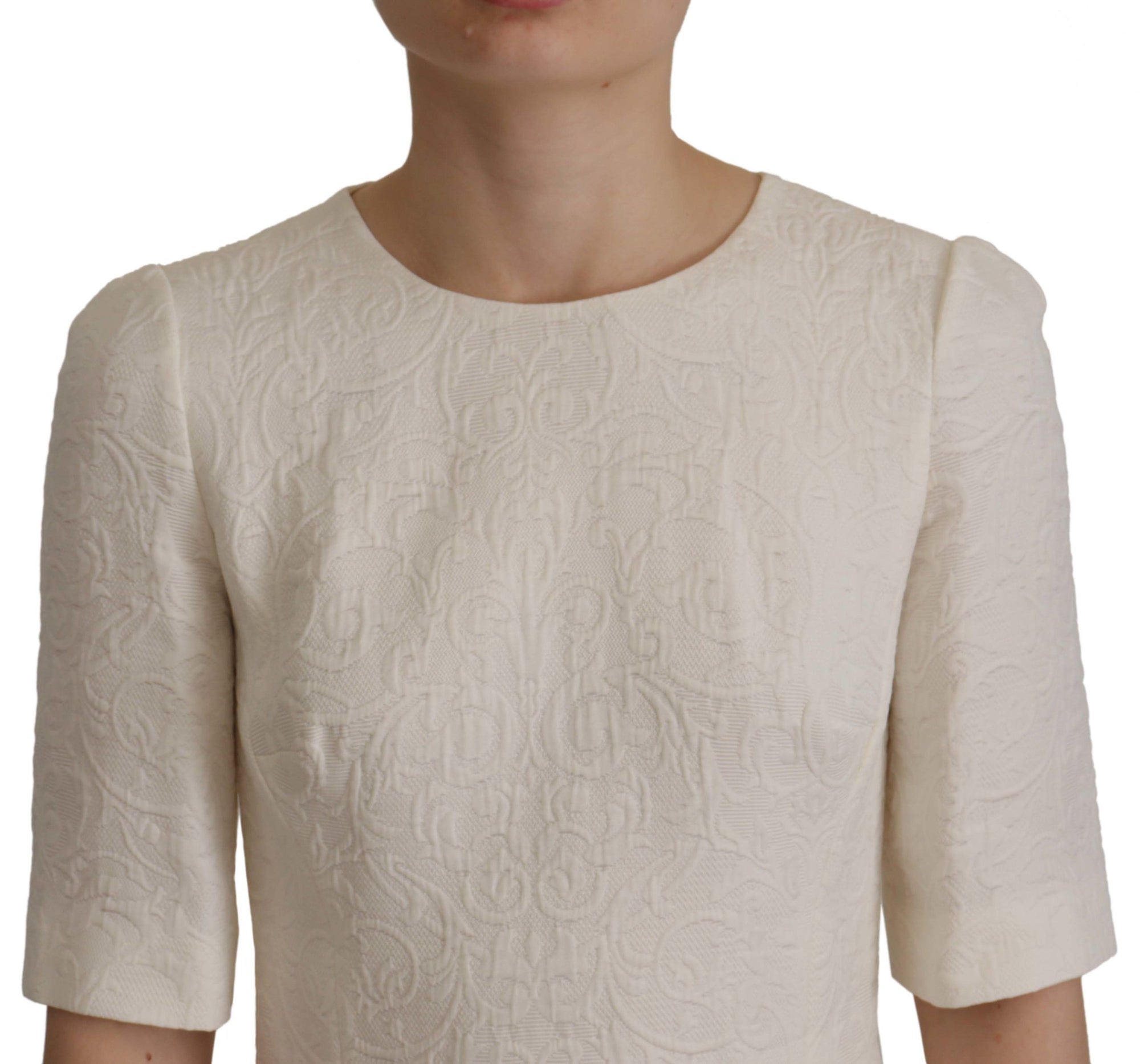 Dolce &amp; Gabbana White Jaquard Midi Floral Sheath Brocade Dress