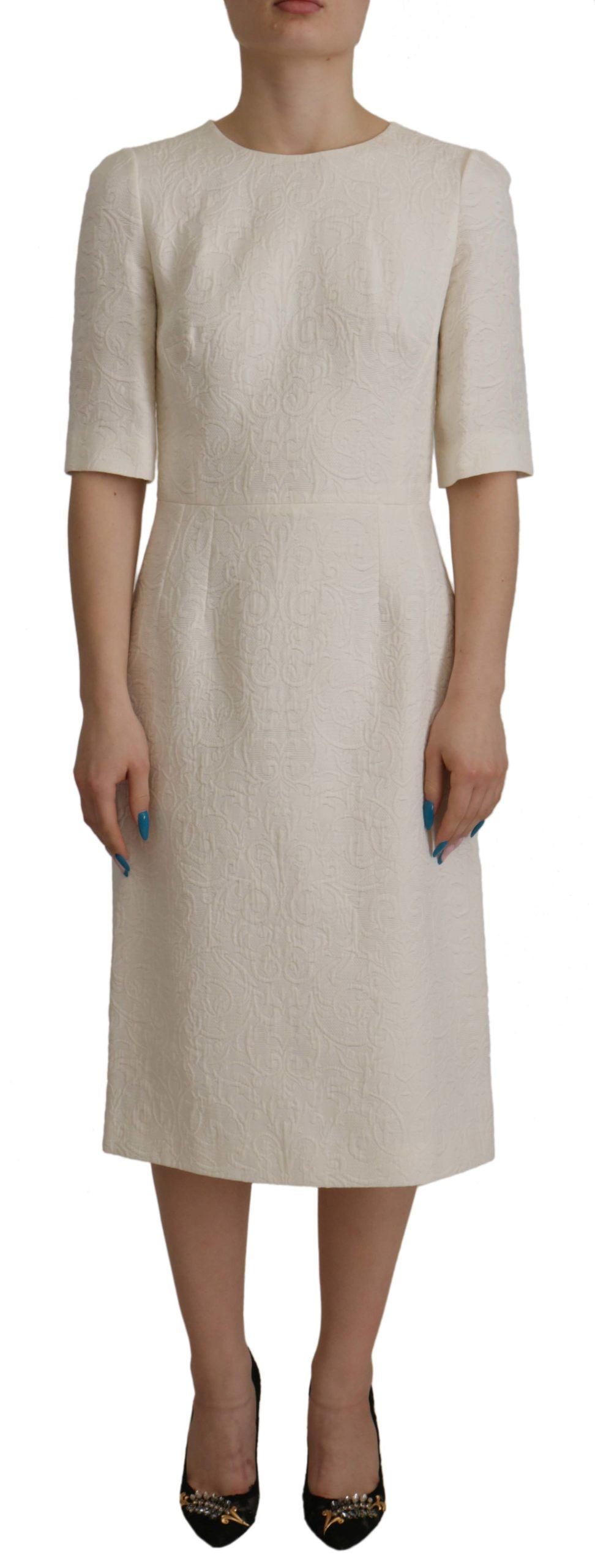 Dolce &amp; Gabbana White Jaquard Midi Floral Sheath Brocade Dress