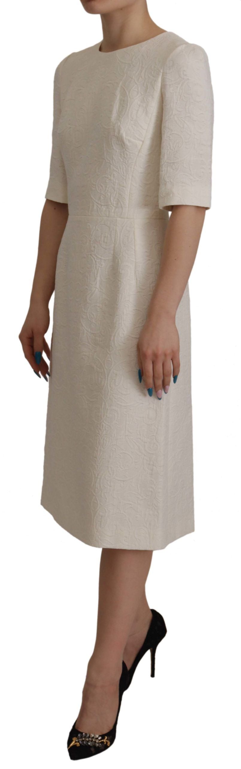 Dolce &amp; Gabbana White Jaquard Midi Floral Sheath Brocade Dress