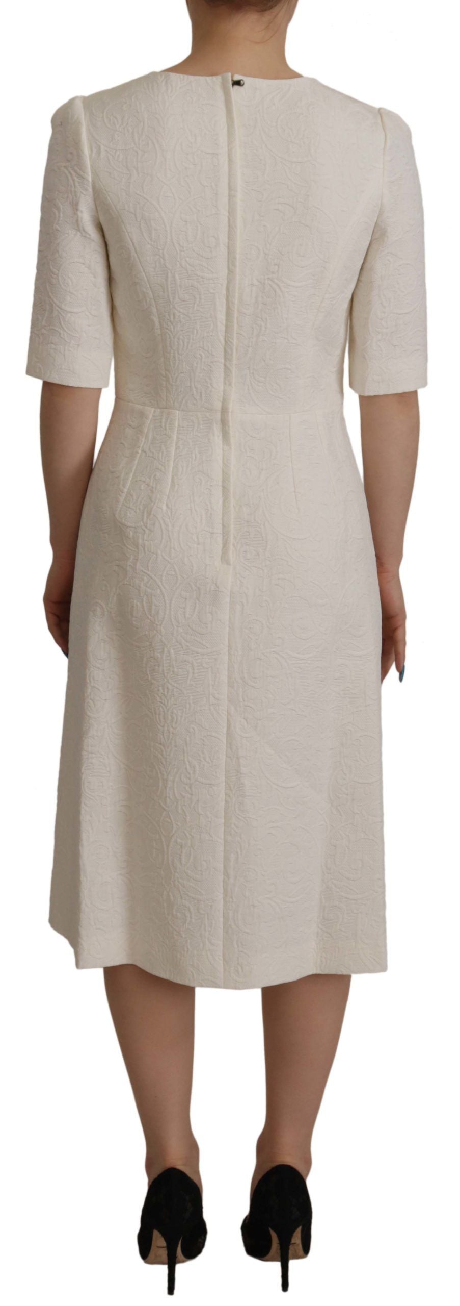 Dolce &amp; Gabbana White Jaquard Midi Floral Sheath Brocade Dress