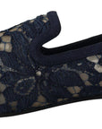 Dolce & Gabbana Blue Floral Lace Slip Ons Loafers Flats Shoes