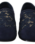 Dolce & Gabbana Blue Floral Lace Slip Ons Loafers Flats Shoes