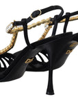 Dolce & Gabbana Black Satin Clear Crystal T-strap Sandal Shoes