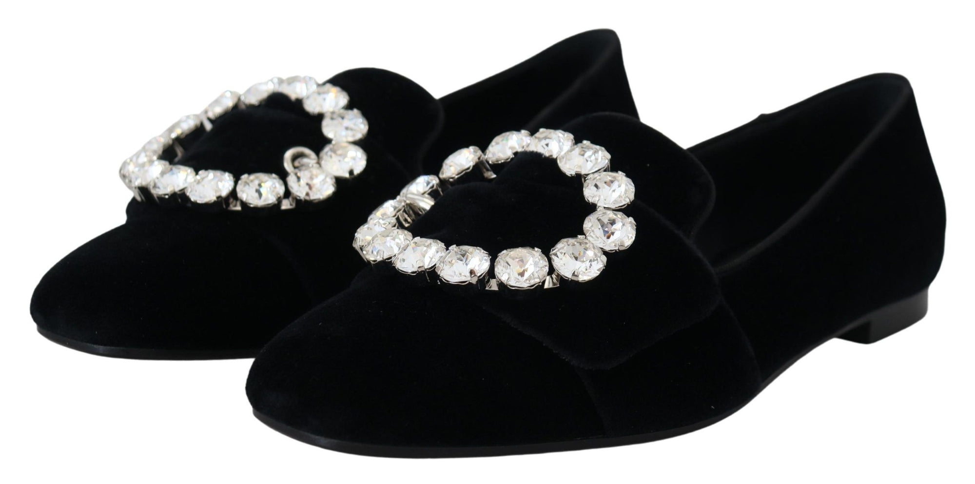 Dolce &amp; Gabbana Black Velvet Crystals Loafers Flats Shoes