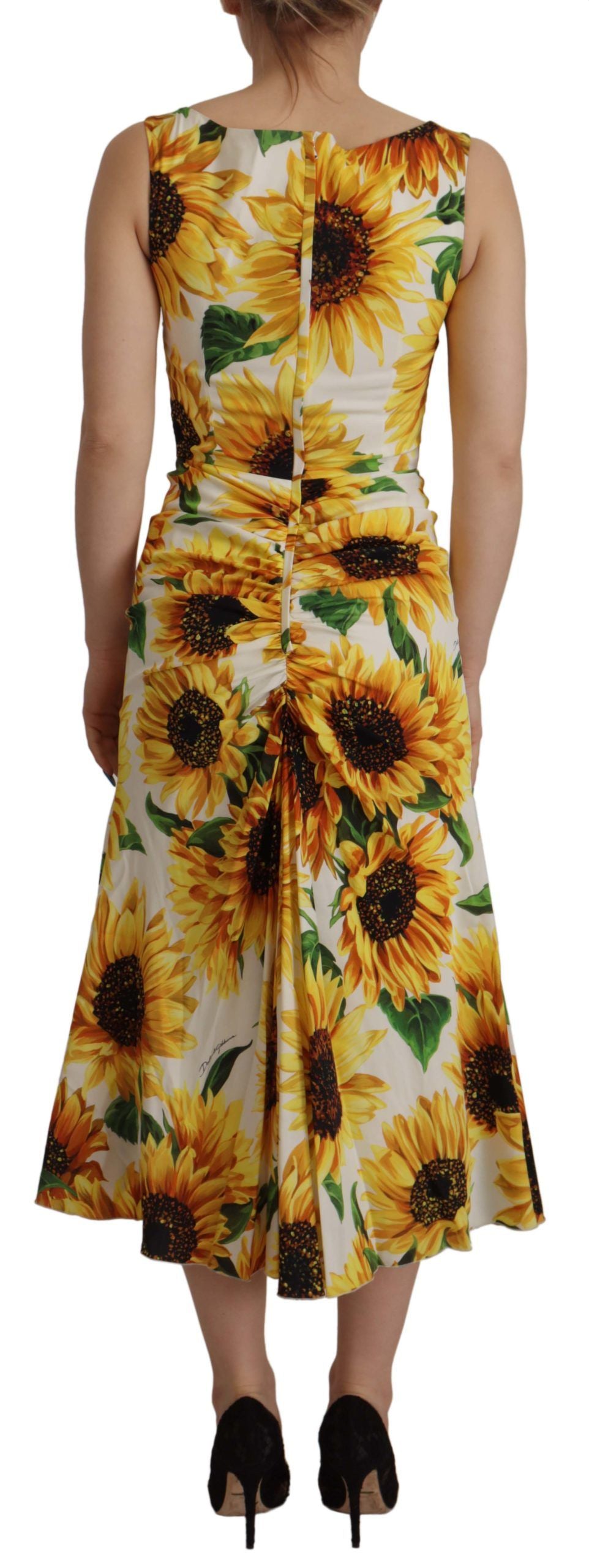 Dolce &amp; Gabbana White Sunflower Print Sheath Midi Silk