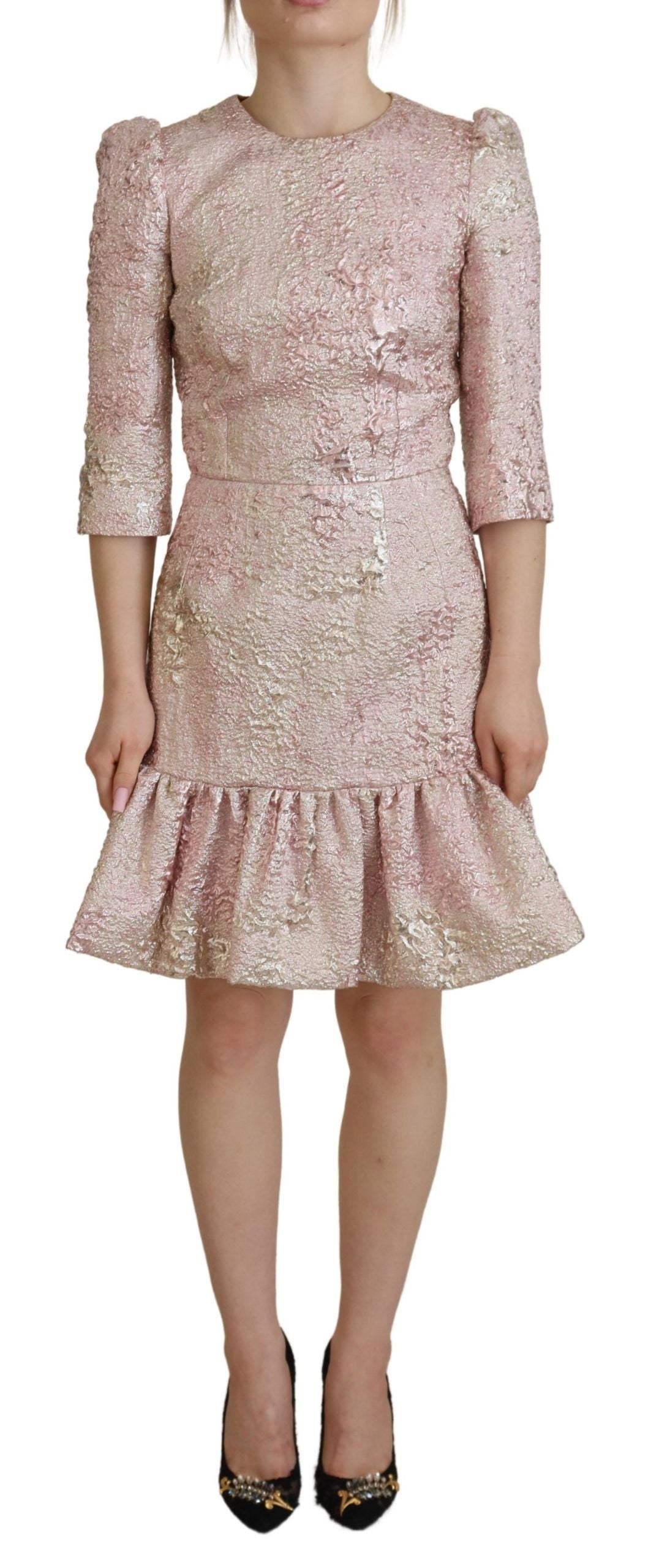Dolce &amp; Gabbana Pink Jaquard 3/4 Sleeve Sheath Midi Dress