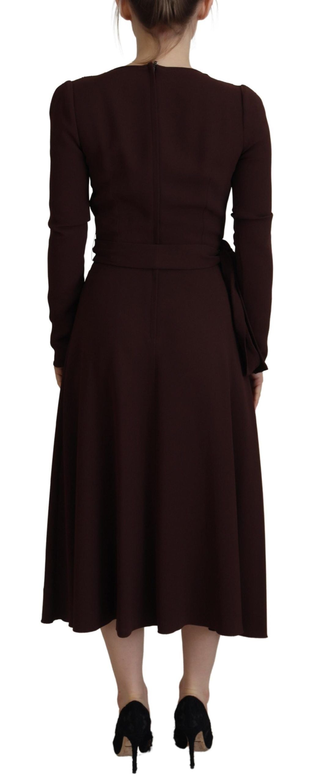 Dolce &amp; Gabbana Brown Wrap Long Sleeve Midi Stretch Dress