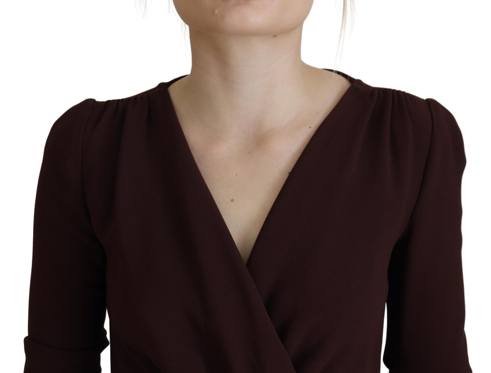 Dolce &amp; Gabbana Brown Wrap Long Sleeve Midi Stretch Dress