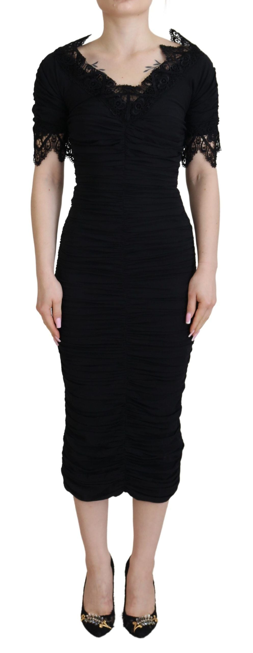 Dolce &amp; Gabbana Black Sheath Midi Bodycon Lace Silk Dress