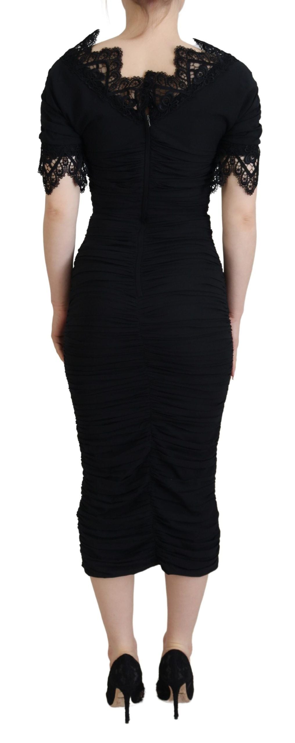 Dolce &amp; Gabbana Black Sheath Midi Bodycon Lace Silk Dress