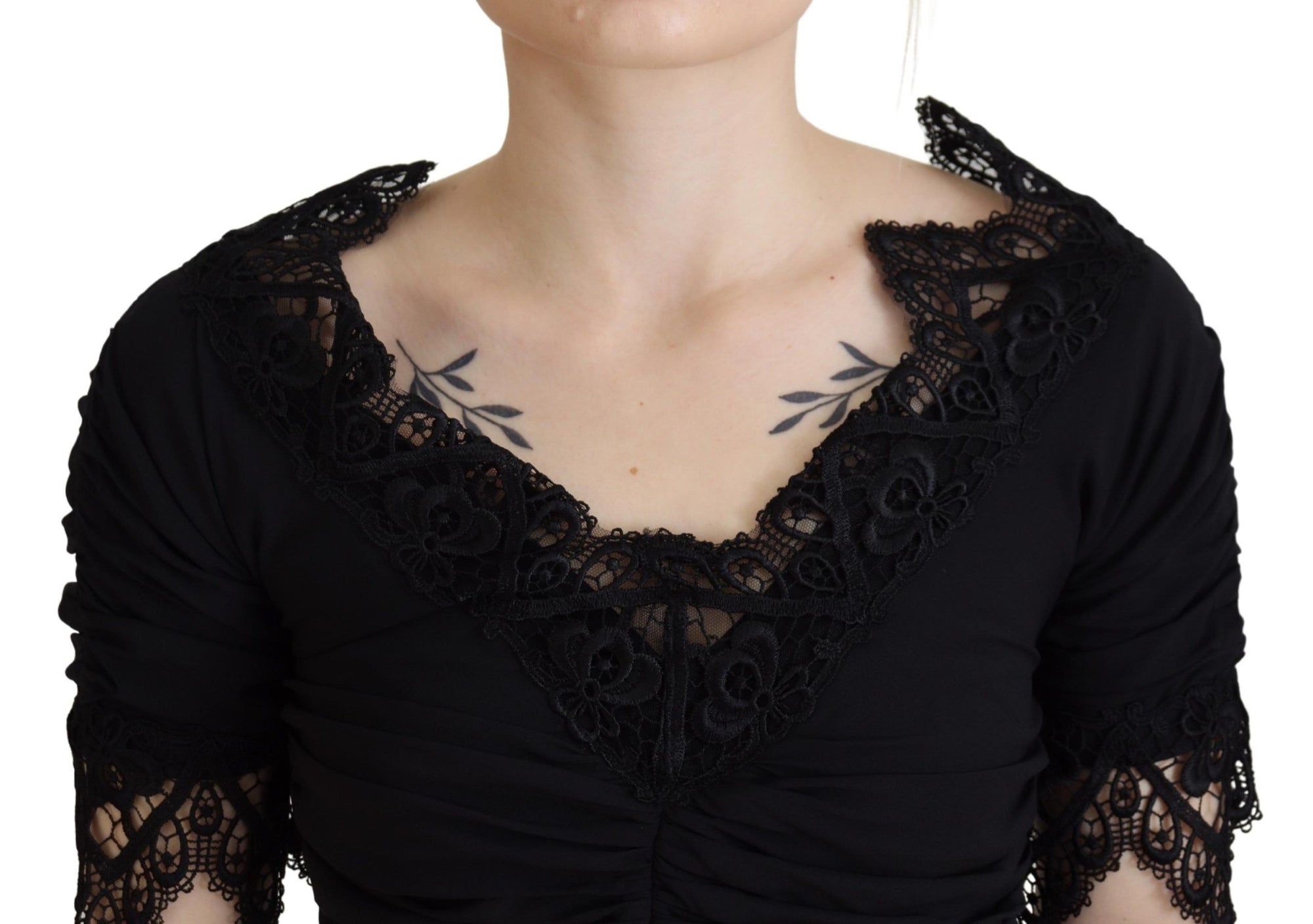 Dolce &amp; Gabbana Black Sheath Midi Bodycon Lace Silk Dress
